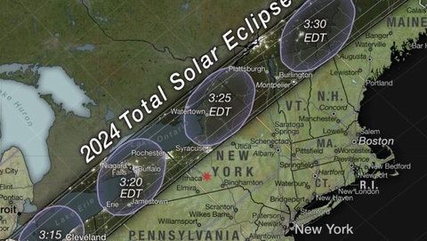 Path of totality near Ithaca, NY. Image by NASA’s Scientific Visualization Studio